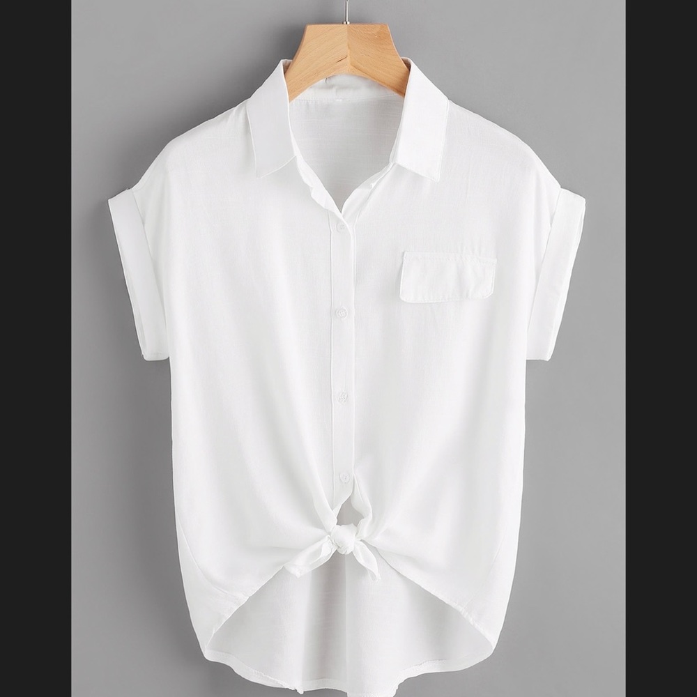 White button down with cuff sleeves and tie front